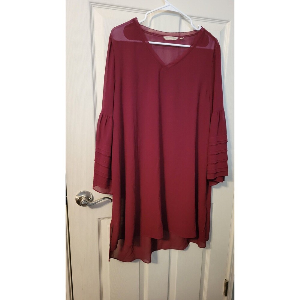 Soft Surroundings Burgundy V-Neck Tunic Blouse XL Pleated Tiered Bell Sleeve